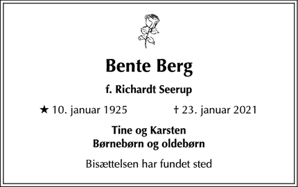 Dødsannoncen for Bente Berg - København