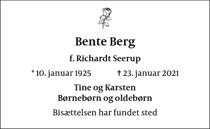Dødsannoncen for Bente Berg - København