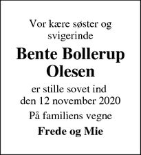 Dødsannoncen for Bente Bollerup Olesen - Hvide Sande