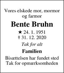 Dødsannoncen for Bente Bruhn - Greve