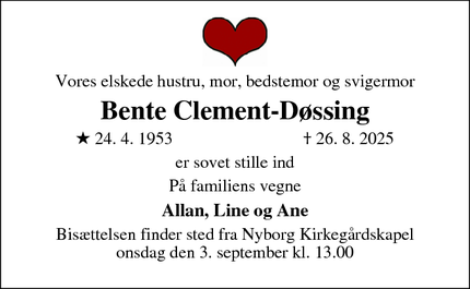 Dødsannoncen for Bente Clement-Døssing - Nyborg
