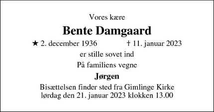 Dødsannoncen for Bente Damgaard - Slagelse