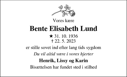Dødsannoncen for Bente Elisabeth Lund - Rødvig
