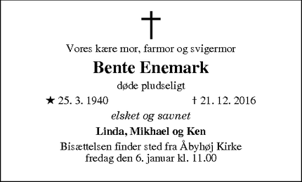 Dødsannoncen for Bente Enemark - Aarhus