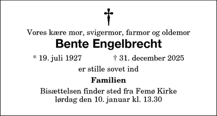Dødsannoncen for Bente Engelbrecht - København K.
