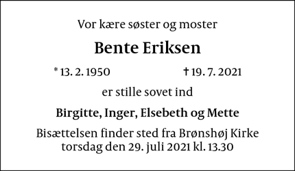 Dødsannoncen for Bente Eriksen - Frederiksberg C