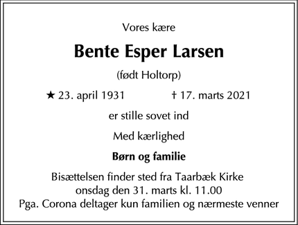 Dødsannoncen for Bente Esper Larsen - Rungsted Kyst