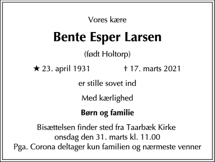 Dødsannoncen for Bente Esper Larsen - Rungsted Kyst