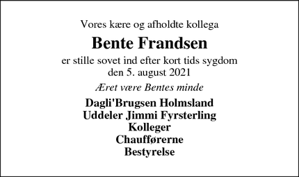 Dødsannoncen for Bente Frandsen - Kloster, 6950 Ringkøbing