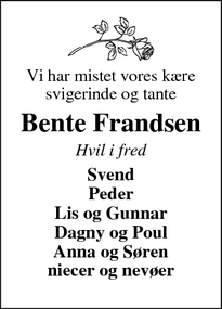 Dødsannoncen for Bente Frandsen - Kloster