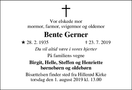 Dødsannoncen for Bente Gerner - Hillerød