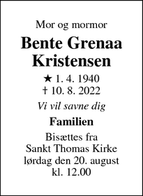 Dødsannoncen for Bente Grenaa Kristensen - Frederiksberg