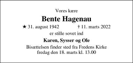 Dødsannoncen for Bente Hagenau - Hjortshøj