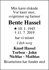 Dødsannoncen for Bente Hassel - Høng
