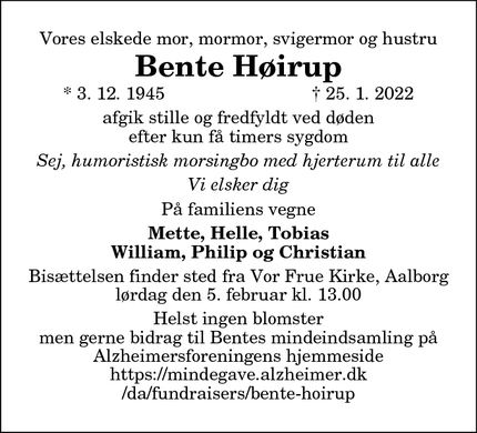 Dødsannoncen for Bente Høirup - Aalborg