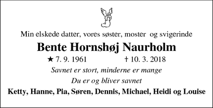 Dødsannoncen for Bente Hornshøj Naurholm - Vinderslev