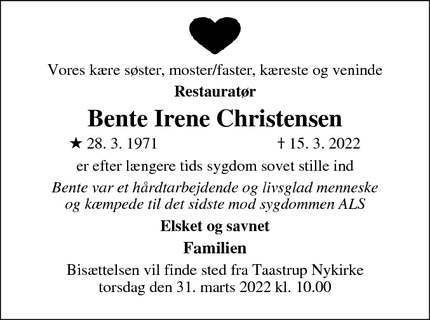 Dødsannoncen for Bente Irene Christensen - Taastrup