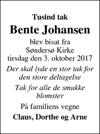 Dødsannoncen for Bente Johansen - Søndersø