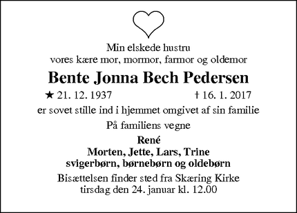 Dødsannoncen for Bente Jonna Bech Pedersen - Aarhus