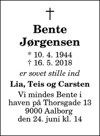Dødsannoncen for Bente Jørgensen - Aalborg