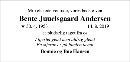 Dødsannoncen for Bente Juuelsgaard Andersen - ringkøbing