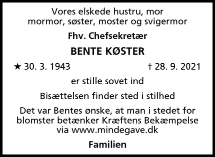 Dødsannoncen for Bente Køster - Hvidovre