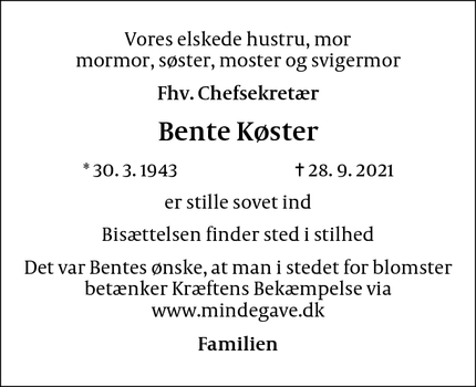 Dødsannoncen for Bente Køster - Hvidovre