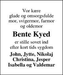 Dødsannoncen for Bente Kyed - Vejle