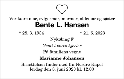Dødsannoncen for Bente L. Hansen - Nykøbing F