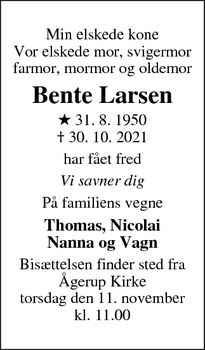 Dødsannoncen for Bente Larsen - Vipperød