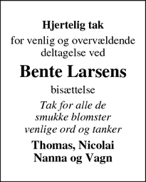 Taksigelsen for Bente Larsens - Vipperød