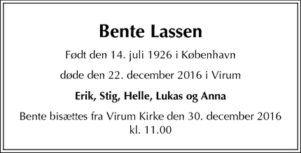 Dødsannoncen for Bente Lassen - Virum