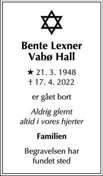 Dødsannoncen for Bente Lexner
Vabø Hall - Hornbæk