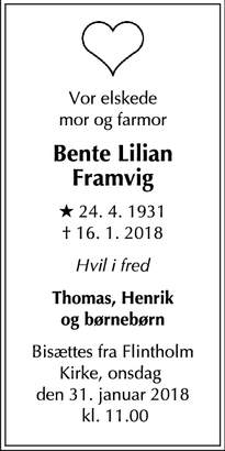 Dødsannoncen for Bente Lilian Framvig - Frederiksberg