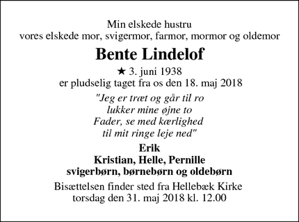 Dødsannoncen for Bente Lindelof - Ålsgårde