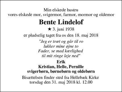 Dødsannoncen for Bente Lindelof - Ålsgårde