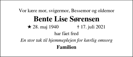 Dødsannoncen for Bente Lise Sørensen - Frederiksberg