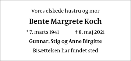 Dødsannoncen for Bente Margrete Koch - Værløse