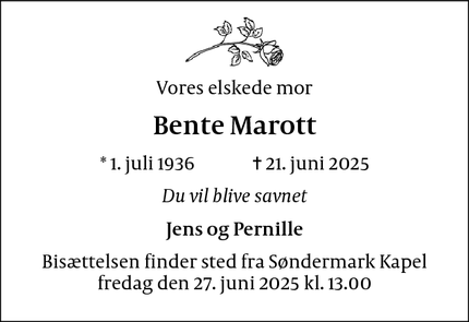 Dødsannoncen for Bente Marott - København