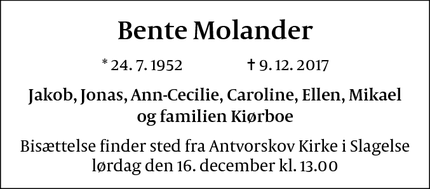 Dødsannoncen for Bente Molander - Slagelse