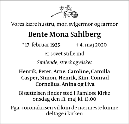 Dødsannoncen for Bente Mona Sahlberg - Helsinge