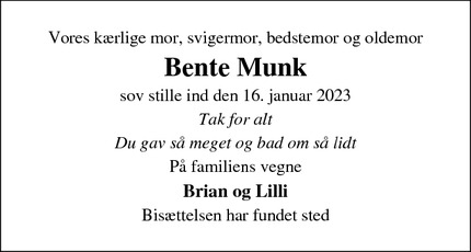 Dødsannoncen for Bente Munk - Køge