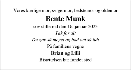 Dødsannoncen for Bente Munk - Køge