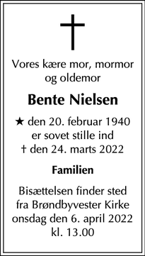 Dødsannoncen for Bente Nielsen - København
