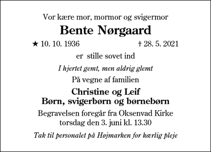 Dødsannoncen for Bente Nørgaard - Vejen