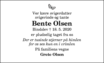 Dødsannoncen for Bente Olsen - Østervrå