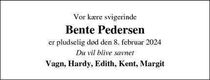 Dødsannoncen for Bente Pedersen - Silkeborg
