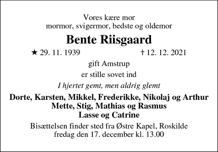 Dødsannoncen for Bente Riisgaard - Roskilde