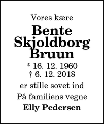 Dødsannoncen for Bente Skjoldborg Bruun - Øsløs