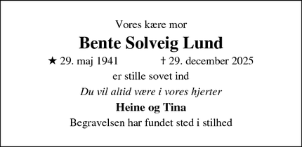 Dødsannoncen for Bente Solveig Lund - Ringkøbing